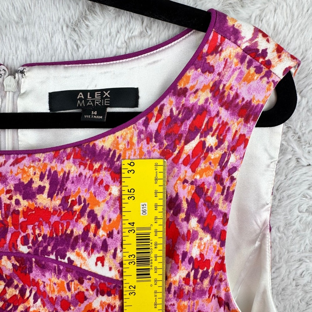 Alex Marie Sheath Dress Womens 14 Purple Pink Orange Abstract Print Sleeveless - Picture 11 of 14